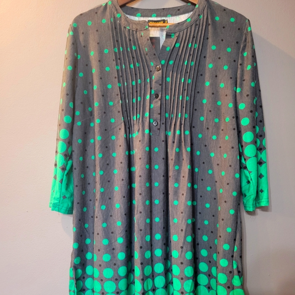 Reborn Notch Neck Tunic Dress Charcoal and Teal Polka Dots Womens Size 1X  NWT